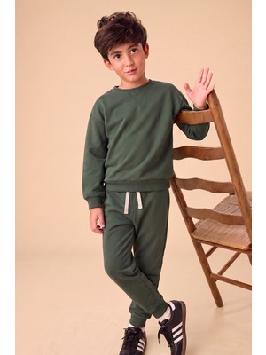 Cigit Basıc Karyoka Detaylı Sweatshirt Takım 3-8 Yaş haki yeşili