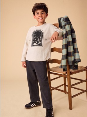 Cigit Oversize Uzun Kollu T-Shirt Takım 2-8 Yaş Bej Melanj