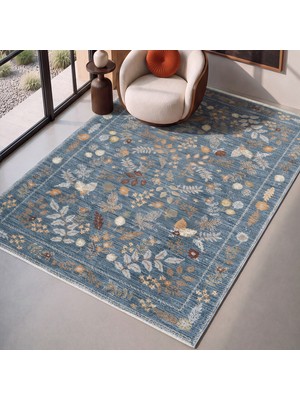 Cool Halı Flower Mavi Çiçekli Halı Salon Oturma Odası Yaprak Desenli Vintage Modern Dekoratif Dört Mevsim Halı