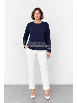 Bihan Store Kadın Sıfır Yaka Şerit Detaylı Uzun Kollu Triko Bluz W27-890 - Lacivert