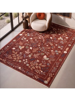 Cool Halı Flower Çiçekli Kiremit Rengi Halı Vintage Desenli Dekoratif Terracotta Salon Oturma Odası Halısı