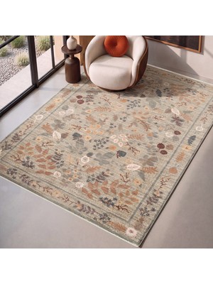 Cool Halı Flower Zeytin Yeşili Çiçekli Halı Salon Oturma Odası Yaprak Desen Vintage Dekoratif 4 Mevsim Halı