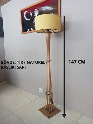 Balsa Dekor Sarı Kumaş Başlıklı Doğal Ahşap Lambader
