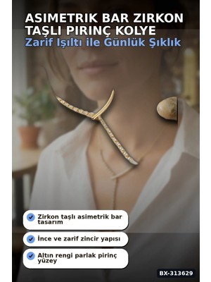 Ototechparca Asimetrik Bar Modeli Zirkon Taşlı Pirinç Kadın Kolye 45 cm Zincir Uzunluğu BX-313629
