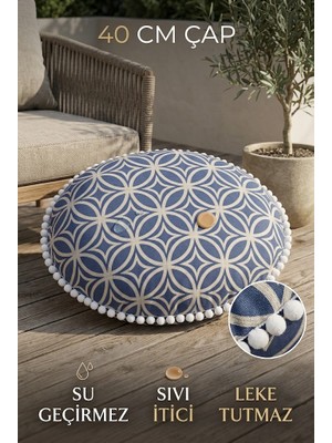 Rona Home Yuvarlak Sandalye Minderi Ponponlu 40 cm Su Geçirmez Sıvı Itici Leke Tutmaz Mavi Bahçe Minderi