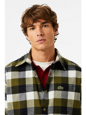 Lacoste Men's Relaxed Fit Button-Down Linen Shirt  Rahat Kesim Pamuklu Kareli Erkek Gömlek Haki