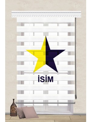 Serir Home Sarı Lacivert Yıldız Baskılı Müşteriye Özel Isim Dijital Baskılı Zebra Perde Genç Çocuk Odası