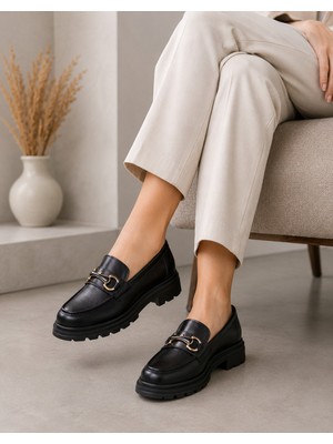 Zenora Shoes Kadın Tokalı Loafer Makosen Siyah Cilt Kalın Tabanlı Ayakkabı