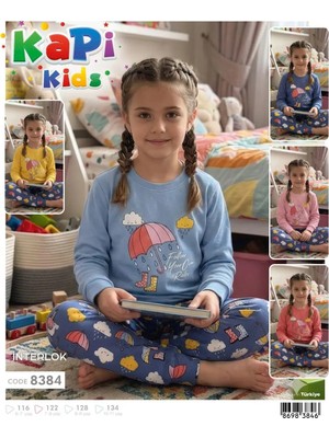 Kapi Kids Kız Çocuk Pijama Takımı Mavi Şemsiye Desenli Interlok | Kapı Kıds 5-6 Yaş