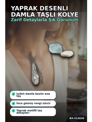 sbodurhome Yaprak Desenli Damla Taşlı 45 cm Ince Zincir Gümüş Renk Kolye - Kadın Takı Hediyelik BX-3136