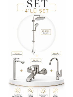 Valtemo Valentını + Bıgart 4'lü Çanak Lavabo, Banyo, Eviye ve Robot Duş Seti - Fırçalı Nikel