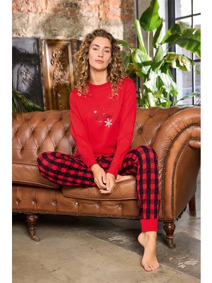 Aydoğan Kadın O Yaka Bileği Ribanalı Kırmızı Alçin Pijama Takımı 0593