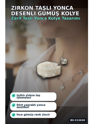 Techora Sale Zirkon Taşlı Yonca Desenli Gümüş Renk Pirinç Kadın Kolye 45 cm Zincirli BX-313630