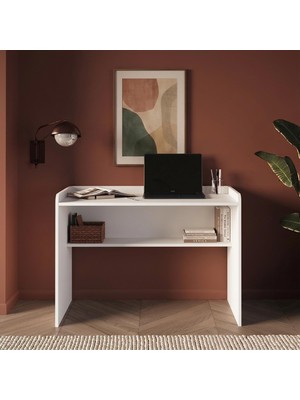 Bimossa S2140 Daffy Çalışma Masası Beyaz - 117,5 cm Geniş, Raflı ve Yuvarlatılmış Köşeli