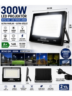 Schuar 300W LED Projektör 39000 Lümen 6500K Beyaz Işık IP66 Yüksek Lümen Dış Mekan Projektörü Fabrika Depo Otopark Spor Sahası