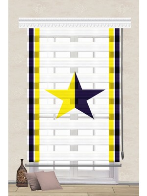 Serir Home Sarı Lacivert Yıldız Baskılı  Dijital Baskılı Zebra Perde Genç Çocuk Odası