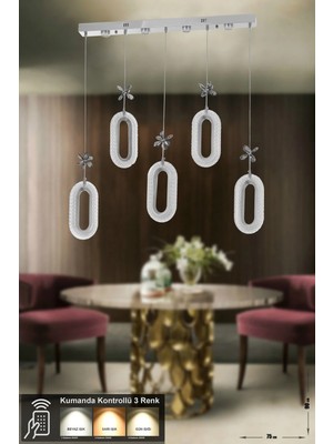 St. Morritz Sessi 5'li Power Ledli Kumandalı Modern Yemek Masası Üstü Avize, 3 Renk: Sarı-Beyaz-Gün Işığı- Krom