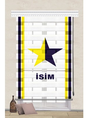 Serir Home Sarı Lacivert Yıldız Baskılı Müşteriye Özel Isimli Isim Yazdırılabilir Dijital Baskılı Zebra Perde Genç Çocuk Odası