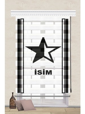 Serir Home Siyah Beyaz Yıldız Baskılı Müşteriye Özel Isimli Isim Yazdırılabilir Dijital Baskılı Zebra Perde Genç Çocuk Odası