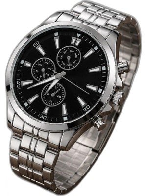 Zamerya Erkek Gümüş Renk Metal Kordon Analog Kol Saati Takvim Göstergeli Siyah Kadran - Gümüş