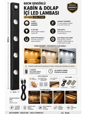 Econa 60 cm Sensörlü LED Kabin & Dolap Içi Lamba USB Şarjlıled  Hareket Sensörlü Tezgah Altı Aydınlatma