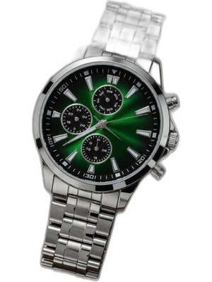 Zamerya Erkek Gümüş Renk Metal Kordon Analog Kol Saati Takvim Göstergeli Yeşil Siyah Kadran - Gümüş