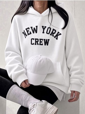 Oksit Sw Unisex Oversize "new York Crew" Baskılı Kapüşonlu Kanguru Cep Sweatshirt