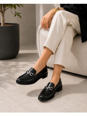 Zenora Shoes Kadın Loafer Makosen Casual Tokalı Günlük Siyah Cilt Ayakkabı
