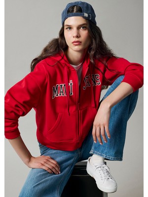 Mavi Fermuarlı Logo Sweatshırt Kırmızı