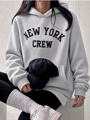 Oksit Sw Unisex Oversize "new York Crew" Baskılı Kapüşonlu Kanguru Cep Sweatshirt
