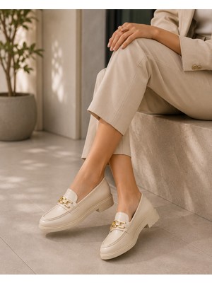 Zenora Shoes Kadın Loafer Makosen Casual Tokalı Günlük Bej Ayakkabı