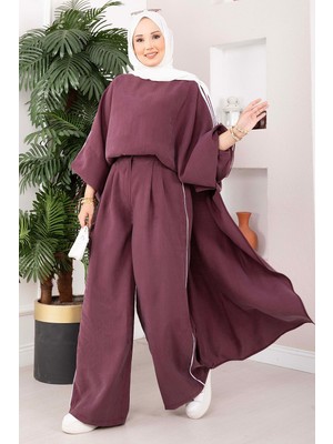 Ebru Tesettür Şerit Detaylı Asimetrik Tunik Pantolon Takım Bordo