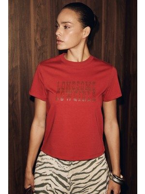 Grimelange Vıonele Kadın Organik Pamuklu Kısa Kollu ve Baskılı Bordo T-Shirt