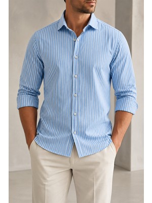 Beyome Erkek Çizgili Slim Fit Gömlek Uzun Kollu Pamuklu Klasik Şık Gömlek