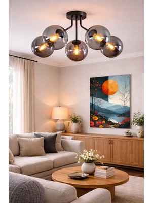 Venüs Modern Plofonyer Beşli Camlı Avize Oturma Salon Yatak Odası 5li Avize