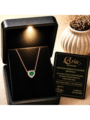Eva's Jewellery Diamonds Kalp Zümrüt Kolye Işıklı Hediye Kutulu ve Mücevher Sertifikalı, 925 Ayar Gümüş 18 Ayar Gerçek Altın Kaplama