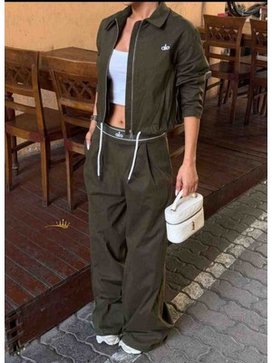 Evlium Kadın Haki Gabardin Kumaş Fermuarlı Ceket ve Bağcıklı Pantolon 2'li Takım