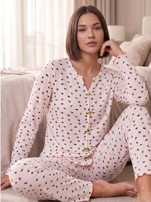 Mihra Kadın Uzun Kol Kaşkorse V Yaka Ekru Pijama Takımı C2T1N807