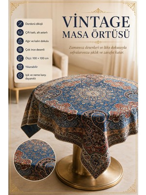 Artan Gallery Vintage Masa Örtüsü 100X100 cm Çift Katlı Kenar Dikişli Yıkanabilir Dekoratif Kare Masa Örtüsü