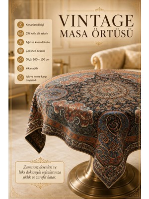 Artan Gallery Vintage Masa Örtüsü 100X100 cm Çift Katlı Kenar Dikişli Yıkanabilir Dekoratif Kare Masa Örtüsü