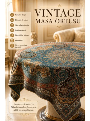 Artan Gallery Vintage Masa Örtüsü 100X100 cm Çift Katlı Kenar Dikişli Yıkanabilir Dekoratif Kare Masa Örtüsü