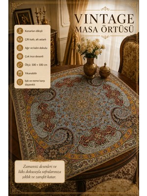 Artan Gallery Vintage Masa Örtüsü 100X100 cm Çift Katlı Kenar Dikişli Yıkanabilir Dekoratif Kare Masa Örtüsü