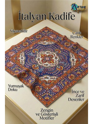 Artan Gallery Italyan Kadife Yıkanabilir Masa Örtüsü 95X95 cm Anadolu Mozaik Desenli Dekoratif Örtü