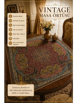 Artan Gallery Vintage Masa Örtüsü 100X100 cm Çift Katlı Kenar Dikişli Yıkanabilir Dekoratif Kare Masa Örtüsü