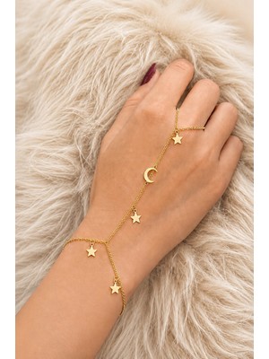 İnvictus Design Invictus Design Kadın Gold Ay Yıldız Figürlü Şahmeran Yüzük Ayarlanabilir Bileklik Trend Şık