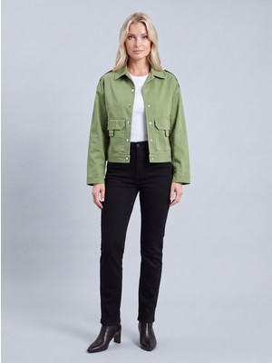 Bold & Young Kadın Haki Yeşil Çıtçıtlı Kargo Cepli Pamuklu Ceket