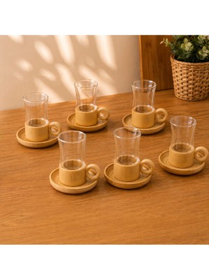 Veto Pazar 12 Parça Çay Seti - Bambu Bardak Altığı - Çift Cidarlı Cam - 150 ml