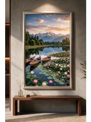 Artan Gallery Dağ Göl Manzarası Italyan Kadife Tablo 40 mm Kalın Çerçeveli Yağlı Boya Görünümlü