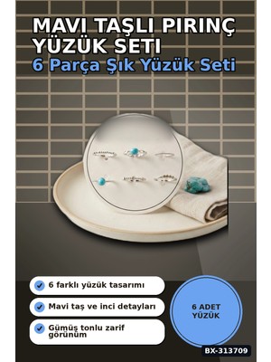 Semel Mavi Taşlı Pirinç 6 Parça Yüzük Seti - 7-8 Numara Gümüş Renk Bijuteri Aksesuar BX-313709