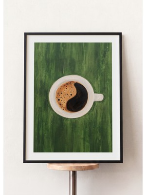 Pena Tablo Yin Yang Kahve Fincanı Tablosu Siyah Çerçeveli - Soyut Minimalist Kahve Kupası Mutfak Dekoru - Kafe Tabloları, Mutfak Tabloları